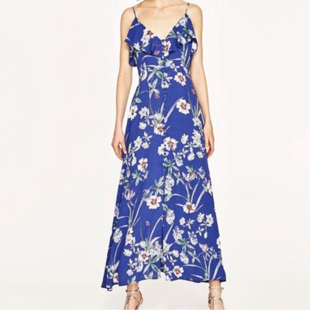 Zara Blue Floral Strappy Dress Ruffled
